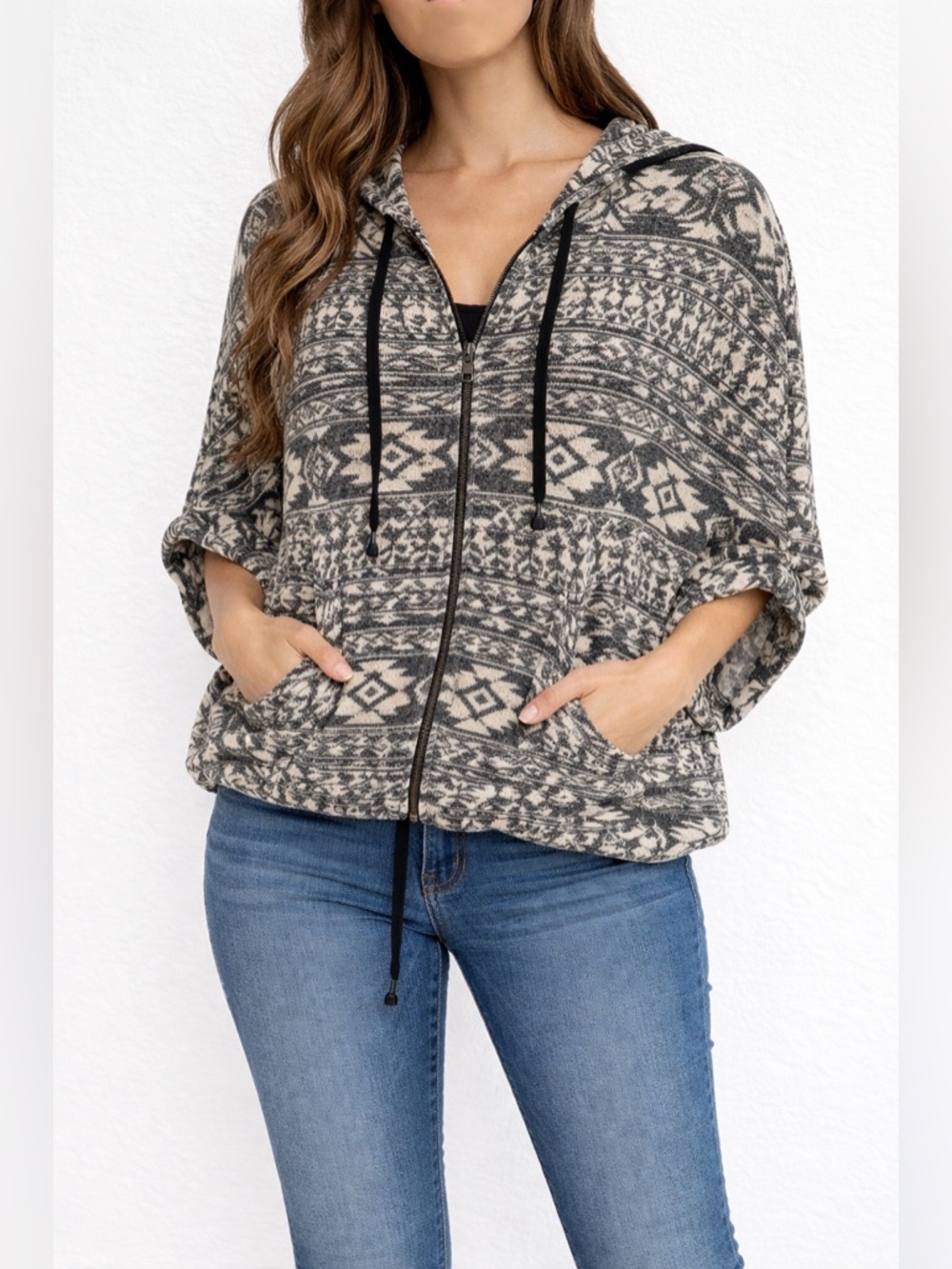 American Eagle Aztec Hoodie Poncho Zip Up XL Boho Tribal Oversized